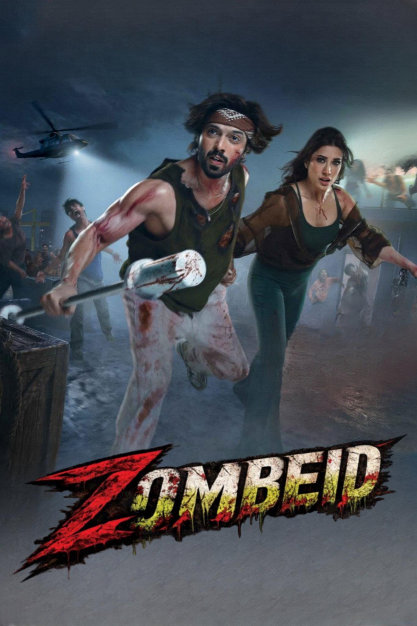 Fahad Mustafa and Mehwish Hayat flee a horde through the Muscle Factory, a bloodied barbell pressed into service as a weapon — gym kit as armoury is where Zombeid is most alive.