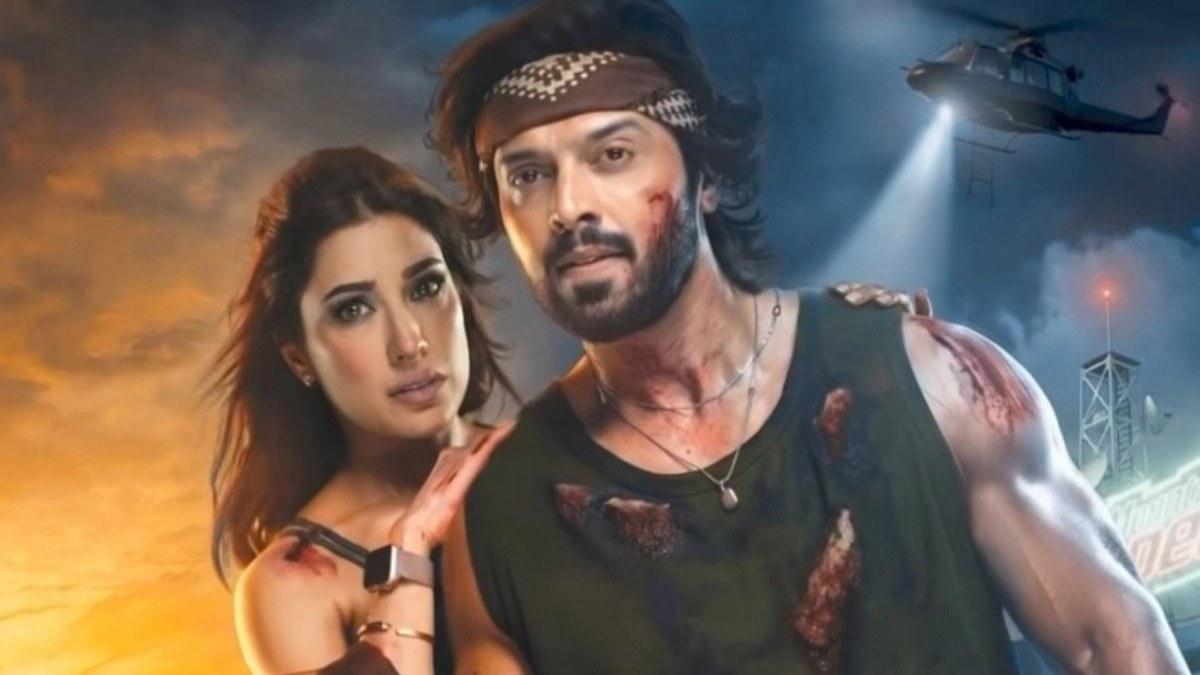 Zombeid — Fahad Mustafa as Wali and Mehwish Hayat as Zara, bloodied survivors of the Muscle Factory outbreak, with a police helicopter overhead